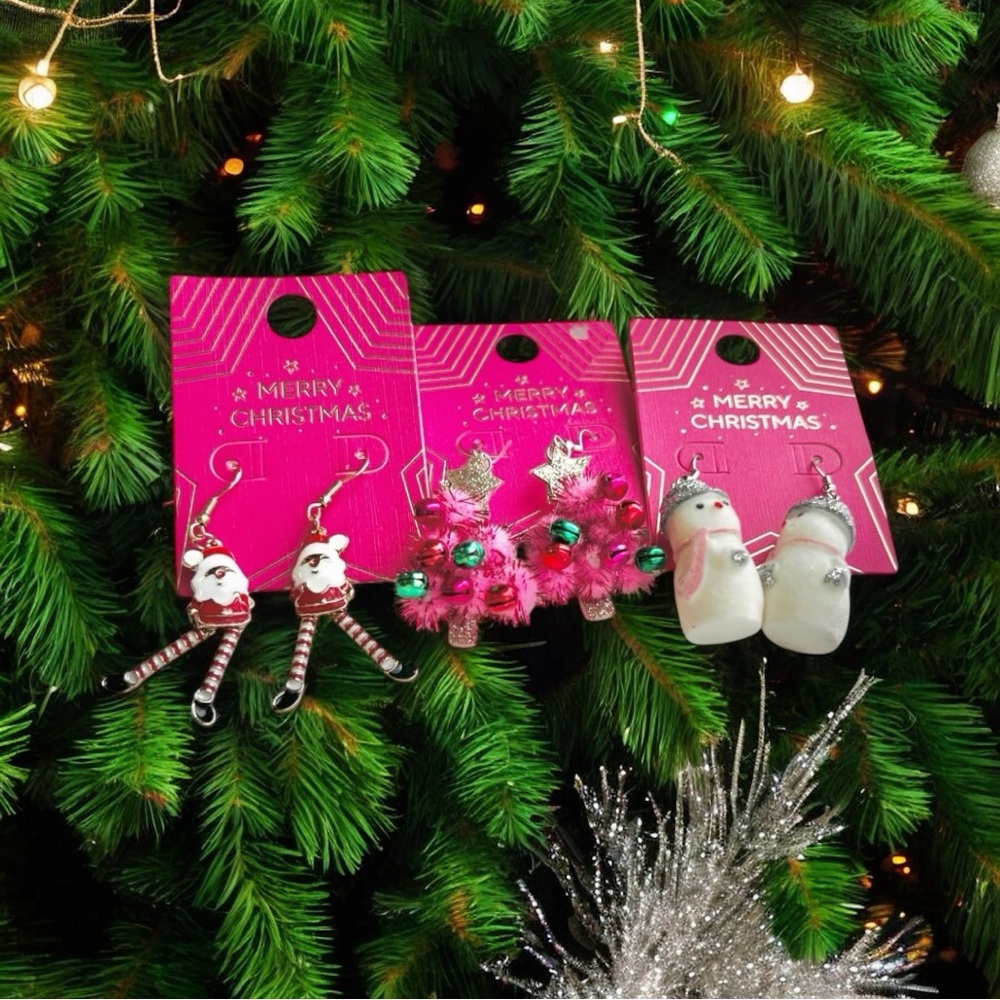 3D Snowman, Pink Christmas Tree, Long Leg Santa Dangle Earrings Gift New